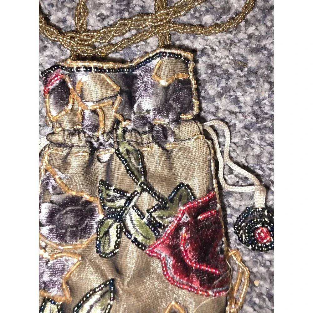 Vintage Style‎ Beaded Drawstring Pouch. Dark Olive Fabric Adorned With Floral...